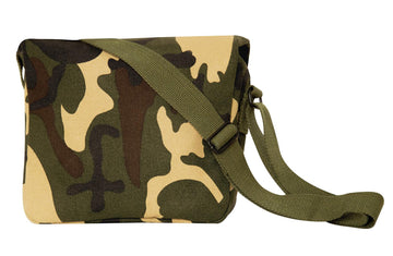 Military-style shoulder bag in woodland camouflage pattern with adjustable olive green strap.