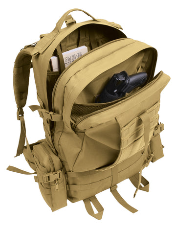 Coyote tan tactical backpack with multiple compartments, including a visible handgun and field manual inside
