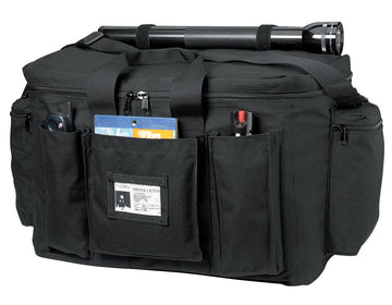 Black tactical response bag equipped with external pockets containing items like a flashlight, driver's license, and a lighter