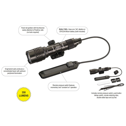 Black tactical flashlight with features highlighted on a white background
