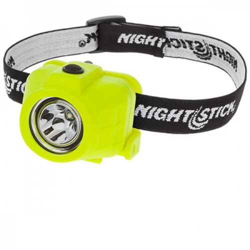 A Nightstick headlamp with a bright neon yellow-green plastic lamp housing and a black adjustable headband featuring the white 'NIGHTSTICK' logo.