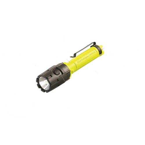 A tactical flashlight with a bright yellow body and a black textured head, featuring a black metal pocket clip, shown on a plain white background.