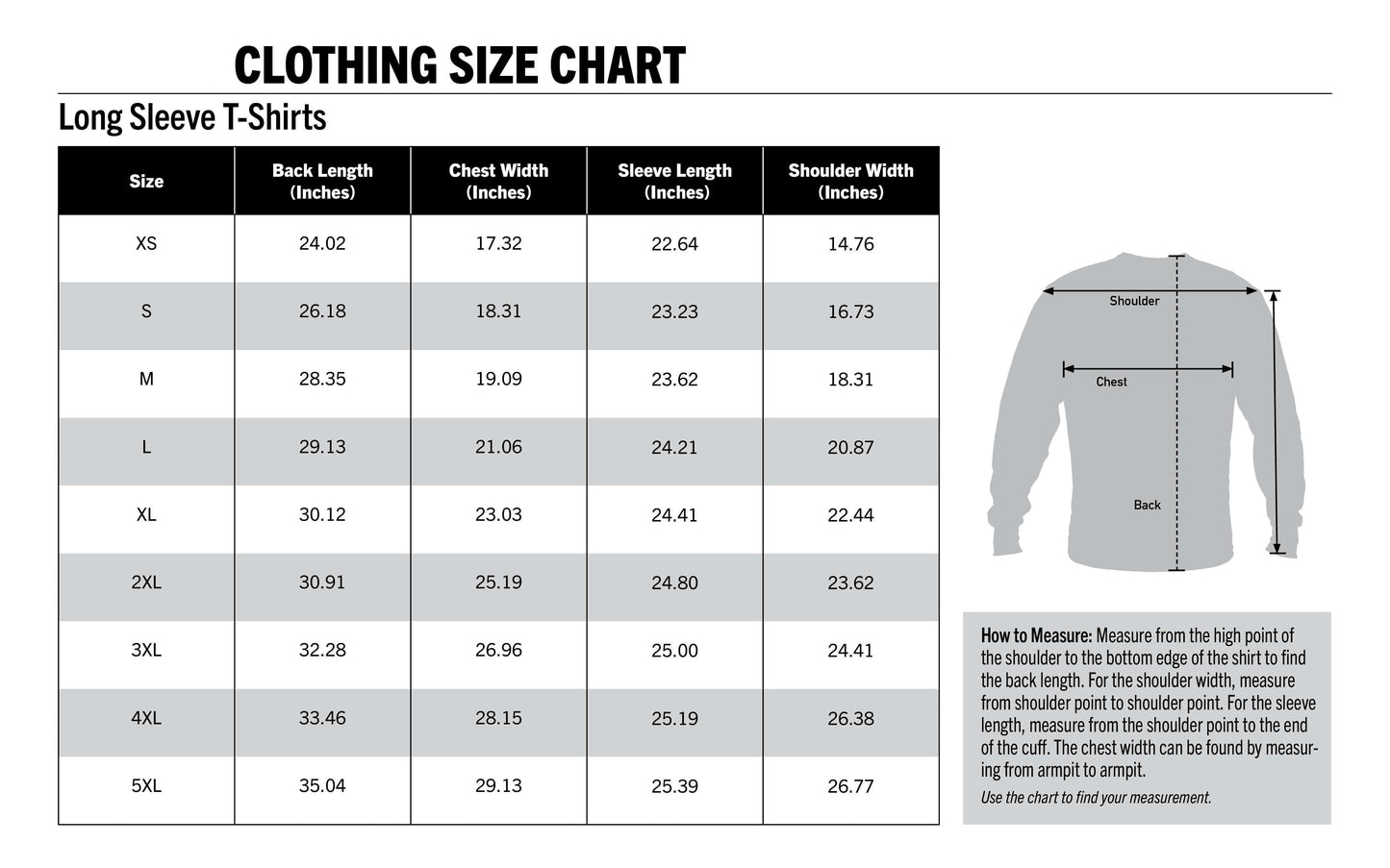 Long Sleeve T-Shirts Size Chart- Tactical Choice Plus