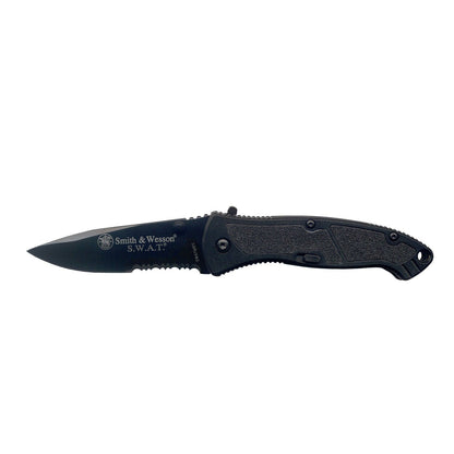 Black folding knife with 'Smith & Wesson S.W.A.T.' branding on a white background,