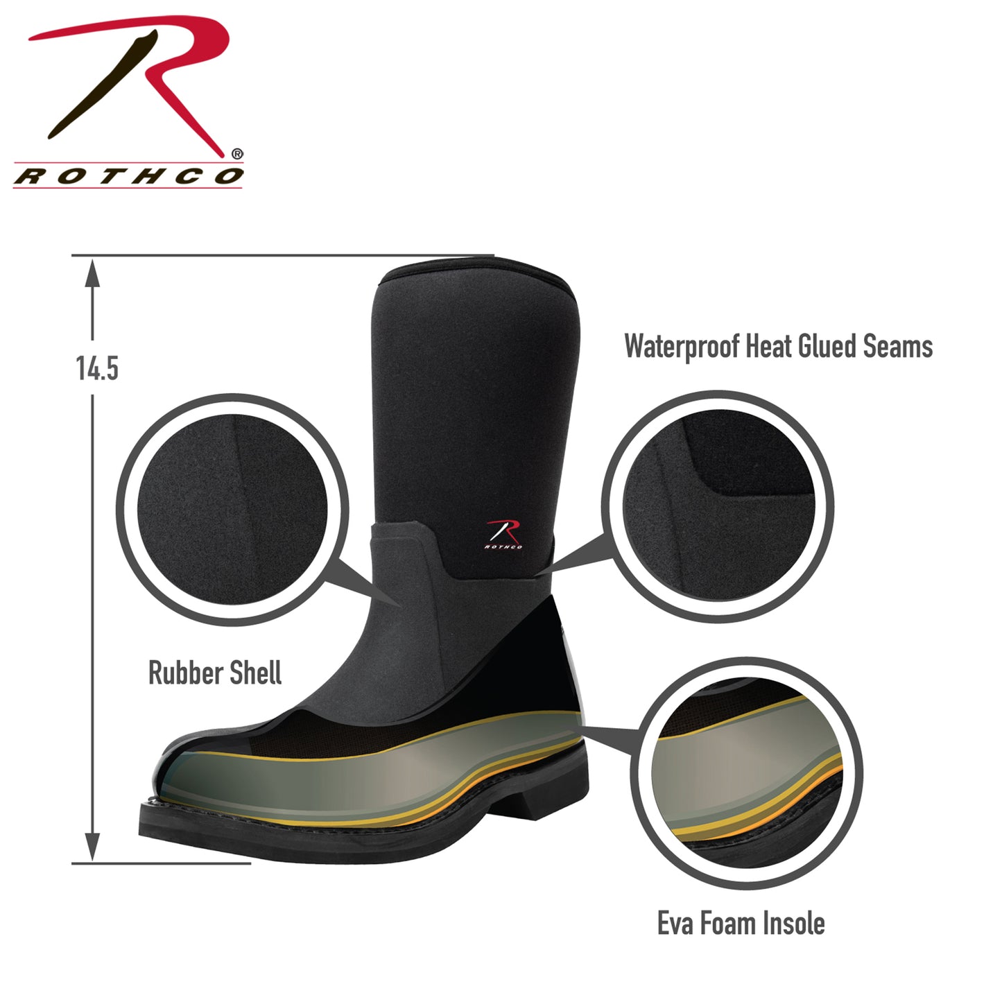 Waterproof Rubber Boots - Black - 14.5 Inch