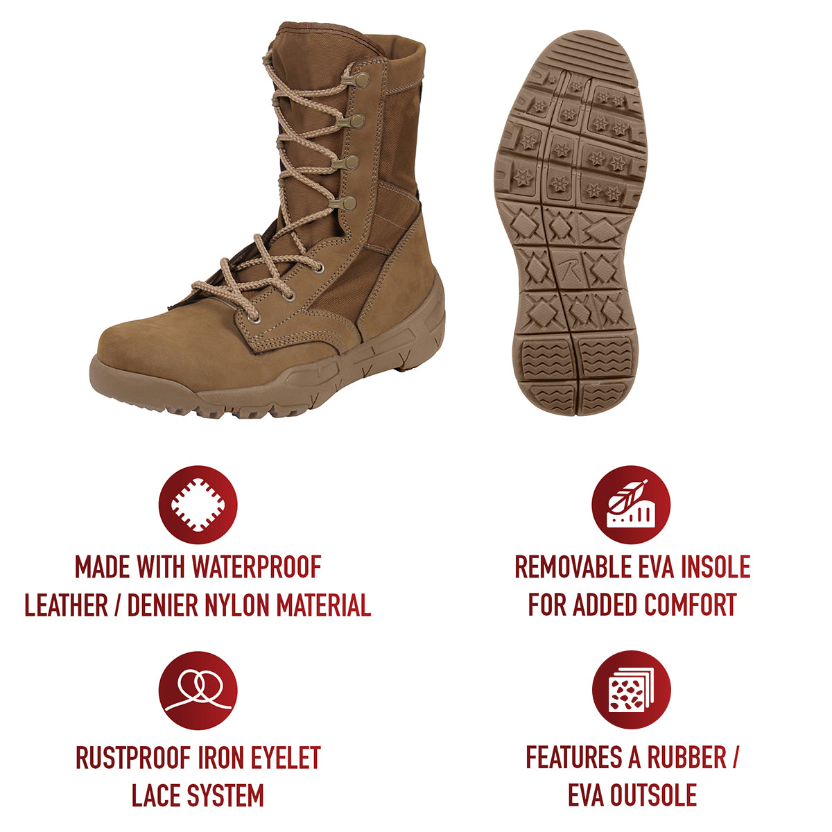 Waterproof V-Max Lightweight Tactical Boots - AR 670-1 Coyote Brown - 8.5 Inch