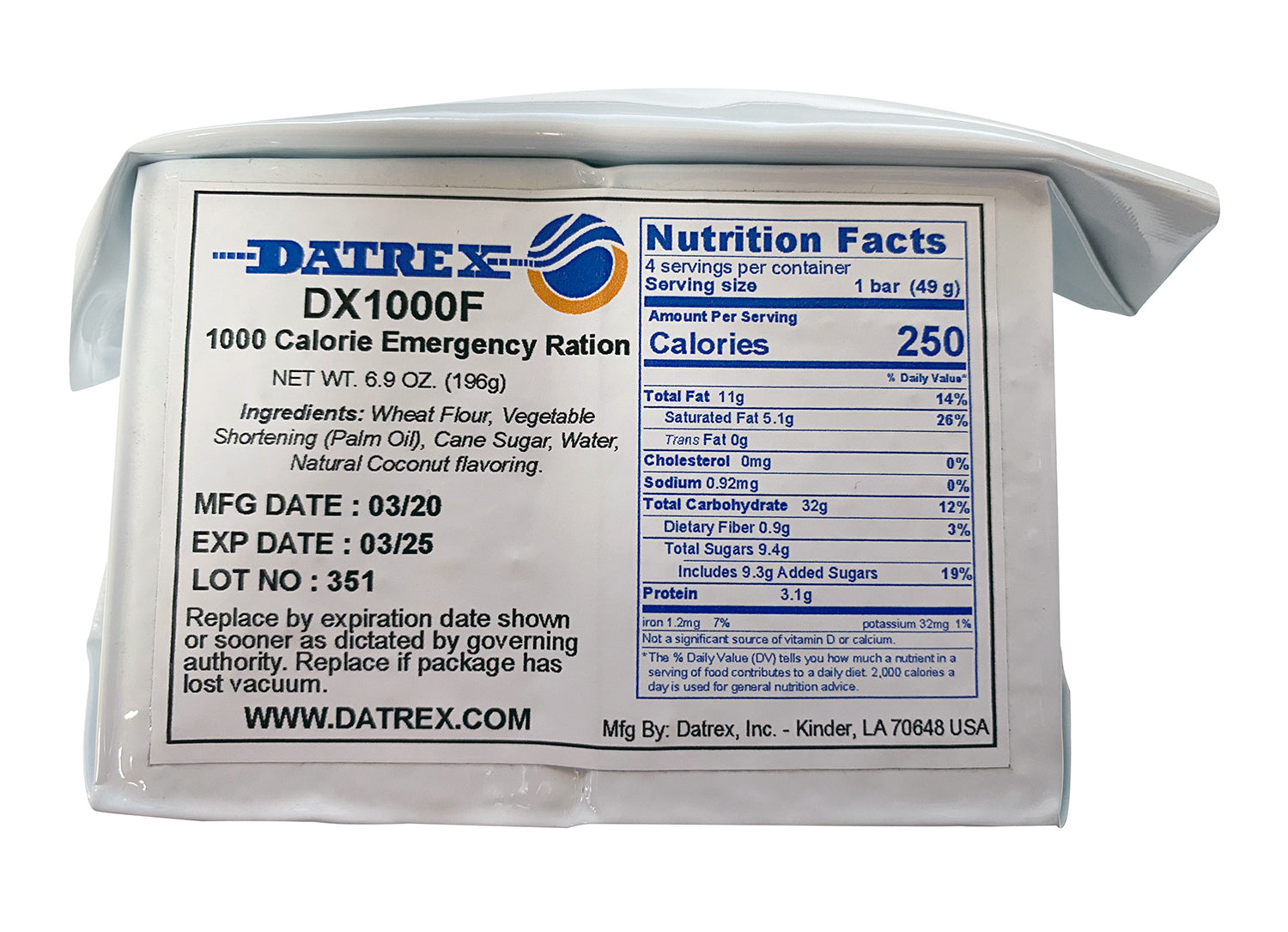 Datrex Aviation 1,000 Cal Emergency Food Ration - Tactical Choice Plus