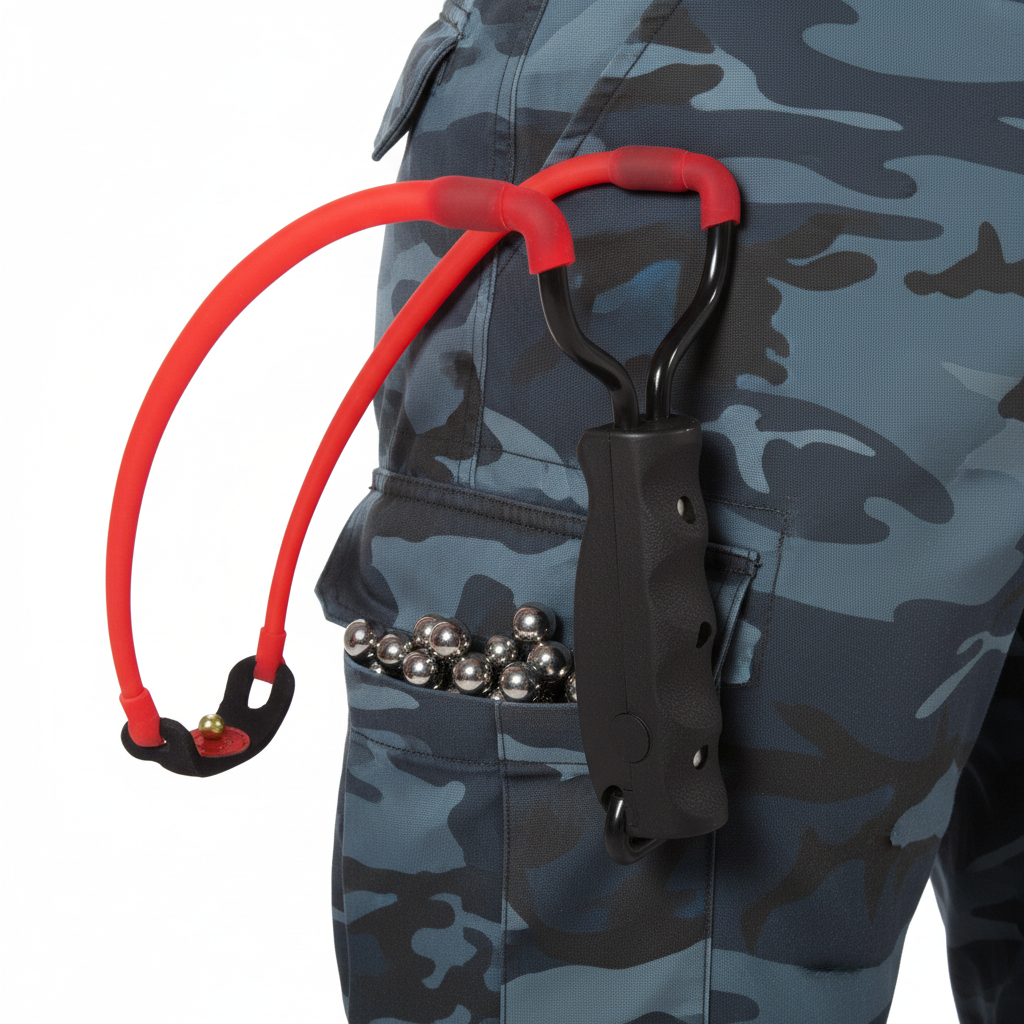 Close-up detail of slingshot, pants pocket, and steel shot ammunition