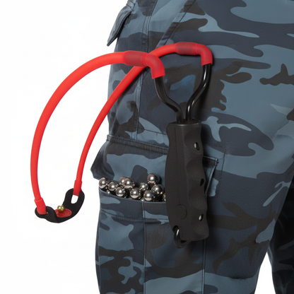 Close-up detail of slingshot, pants pocket, and steel shot ammunition