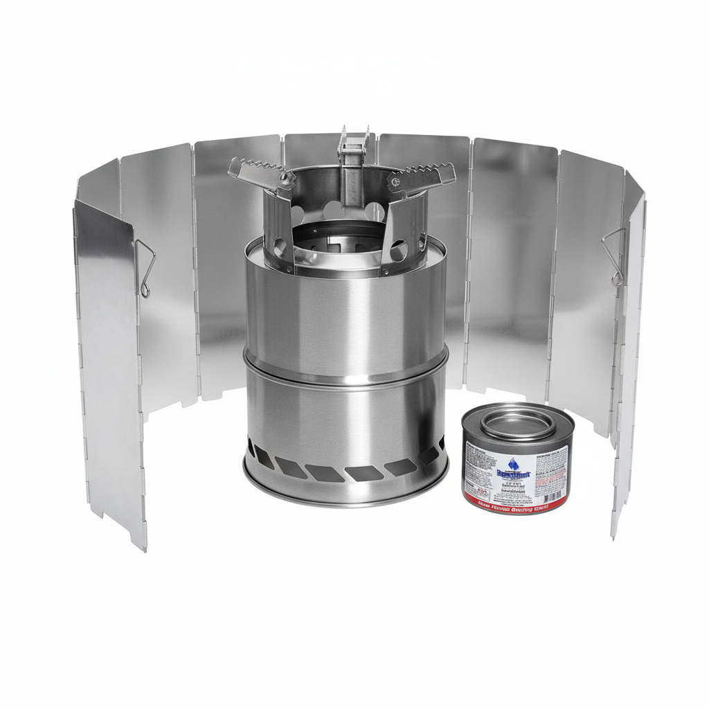 Camping stove, cooking fuel, and windscreen close-up