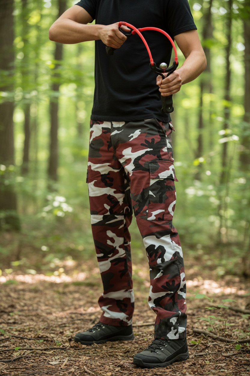 Lifestyle photo - Person using Laserhawk slingshot wearing camo BDU pants