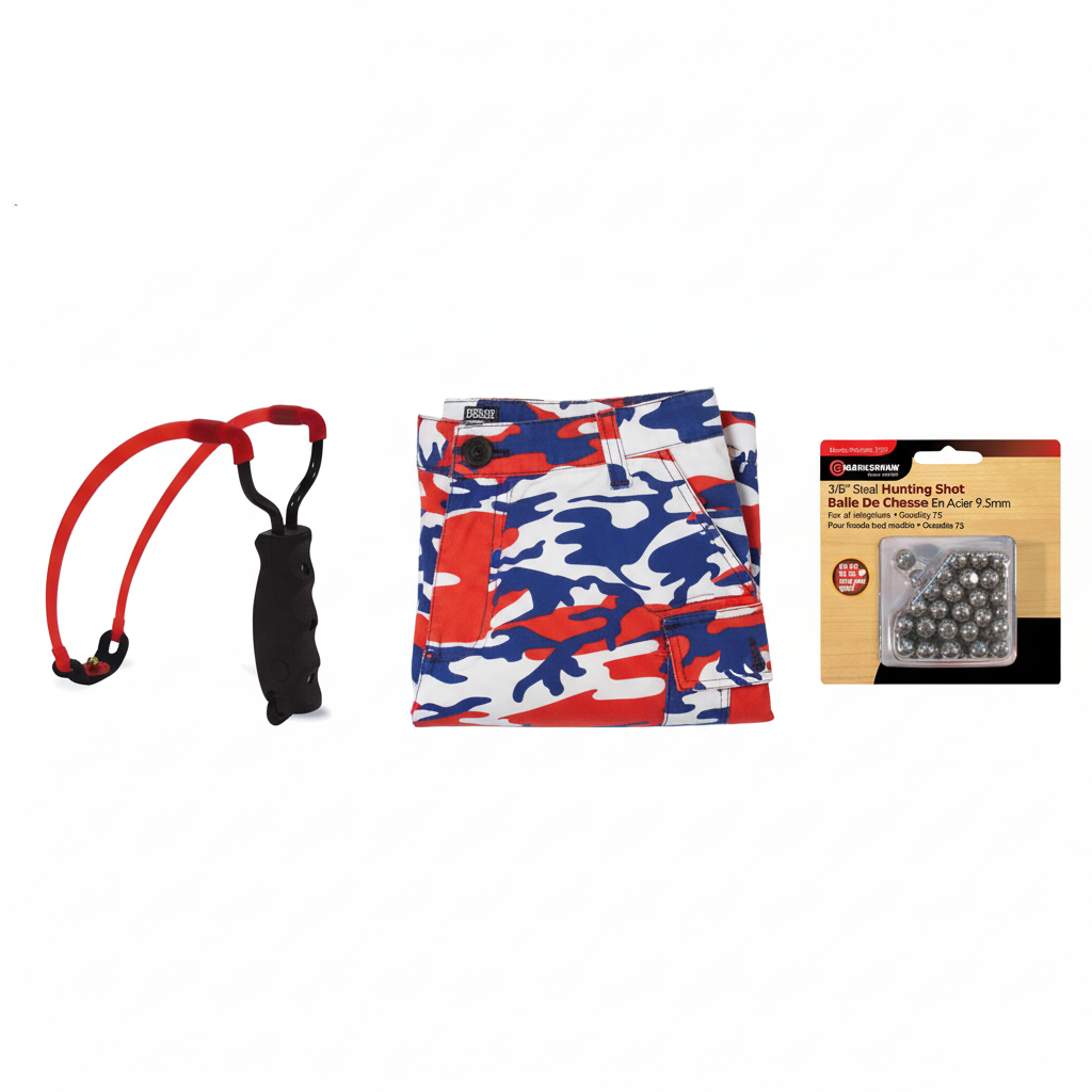 Kit components - Slingshot, BDU Pants, and Steel Shot separated