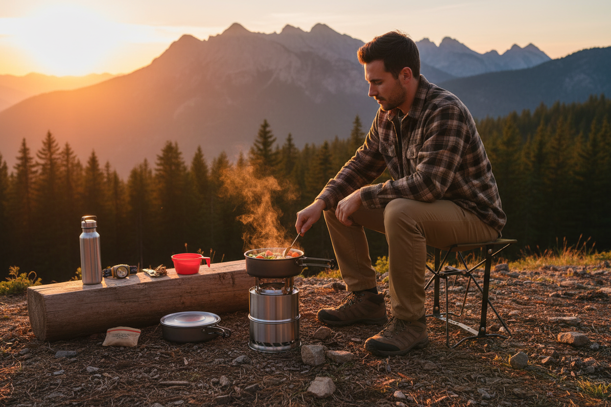 Camper cooking with Mess & Chow Kit at campsite during golden hour