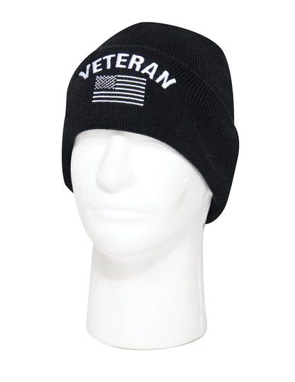 Veteran With US Flag Fine Knit Watch Cap - Black - Tactical Choice Plus