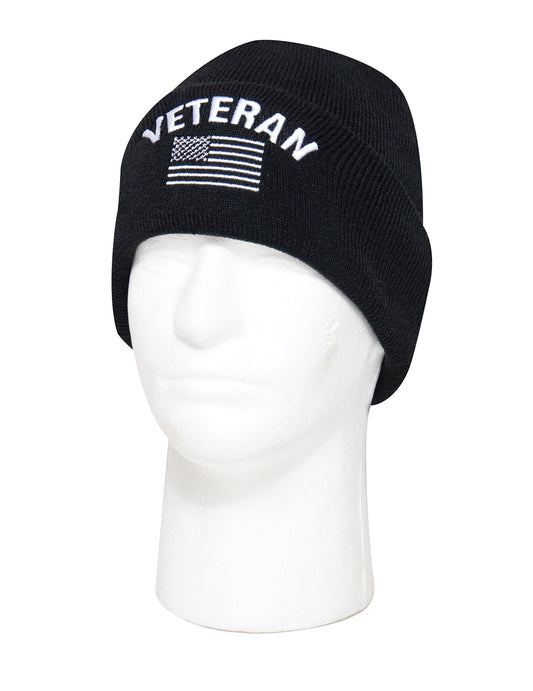 Rothco Veteran With US Flag Fine Knit Watch Cap - Black - Tactical Choice Plus