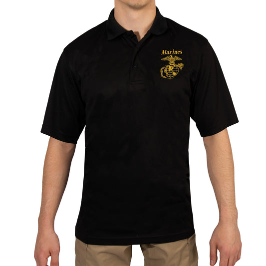 Rothco USMC Eagle, Globe & Anchor Moisture Wicking Polo Shirt - Black - Tactical Choice Plus